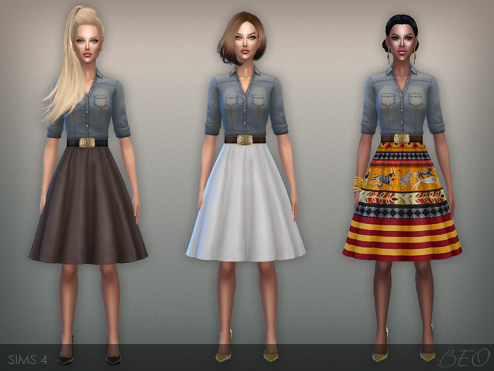 Button shirt and fluffy skirt dress for The Sims 4 (1)